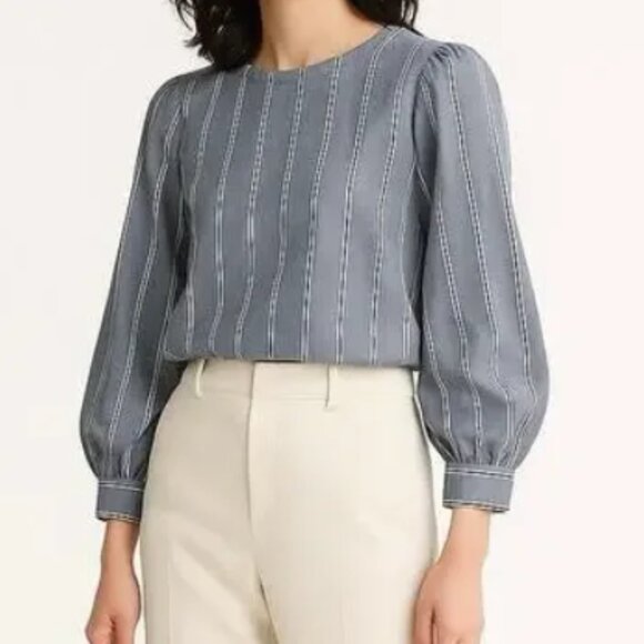 Draper James size 14 Blue Gray Striped Preppy Puff Sleeve Blouse Office Work - Picture 1 of 10